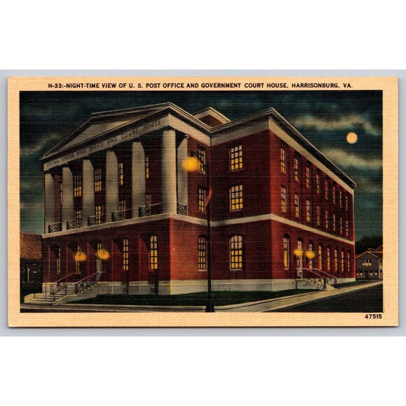 Postcard Virginia Harrisonburg Post Office & Government Court House Full Moon VA - Picture 1 of 2